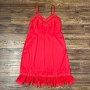 Vintage Dorsay Red Slip Dress Lace Trim Satin Finish Adjustable Strap ruffle Hem